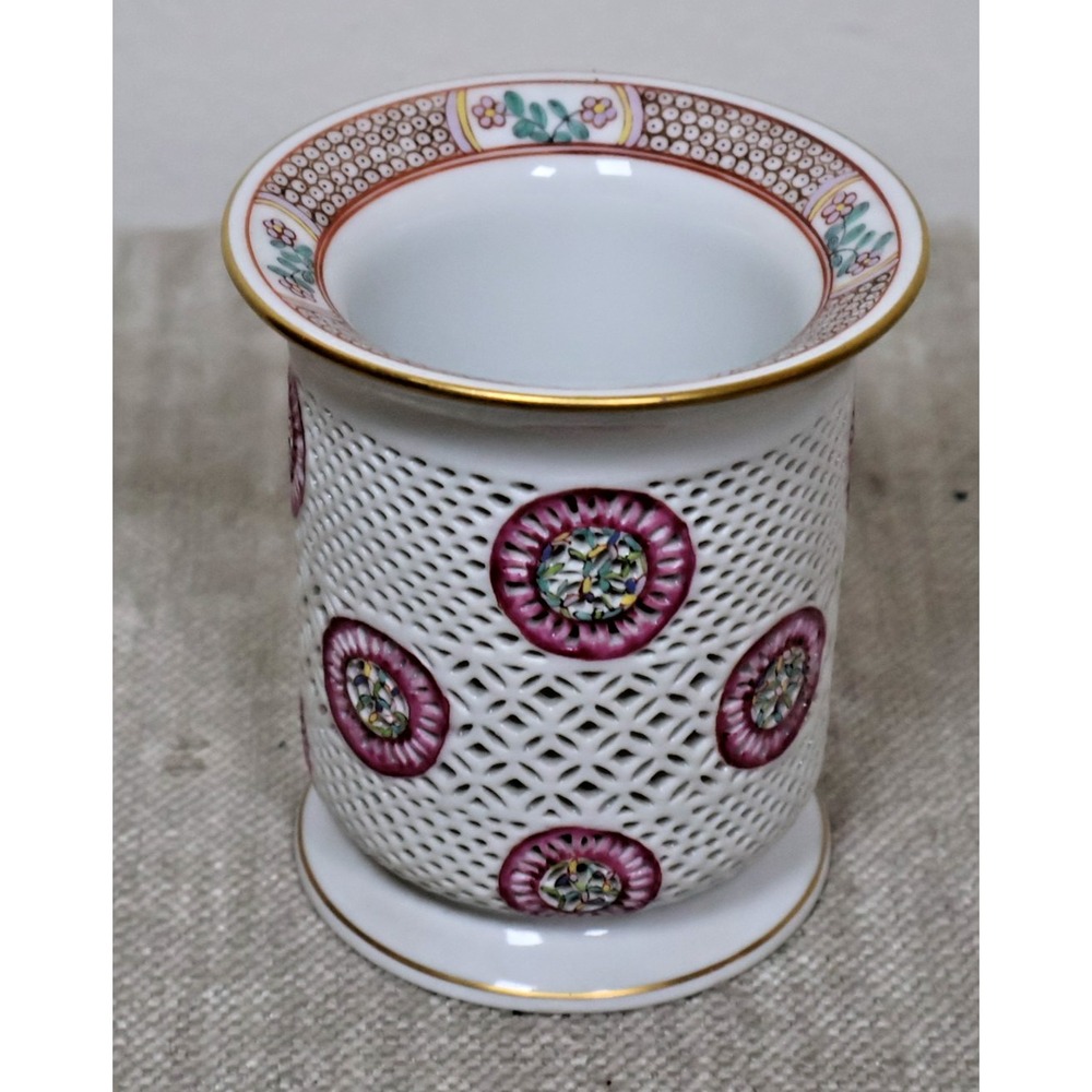 HEREND Hungary Vase Basketweave Double Walled Porcelain Hand Painted